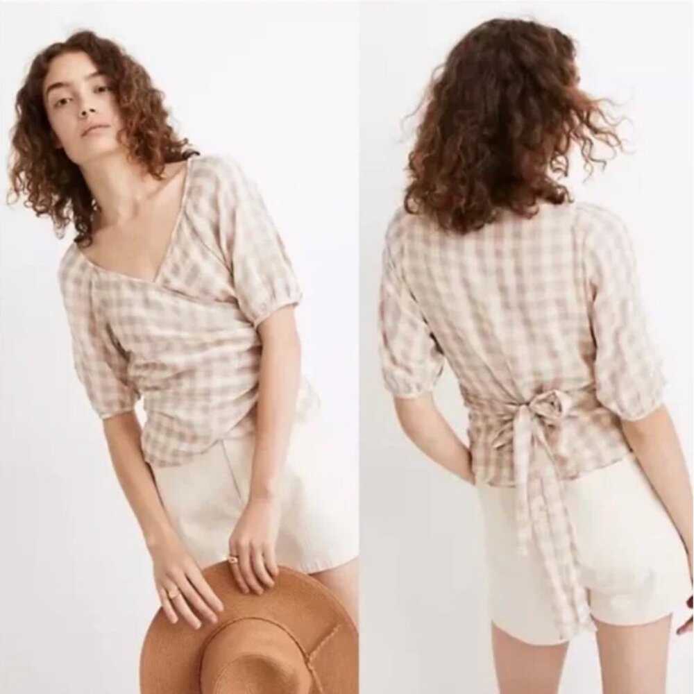 Madewell Cross Hatch Plaid Gingham Sweetheart Top, Size L
